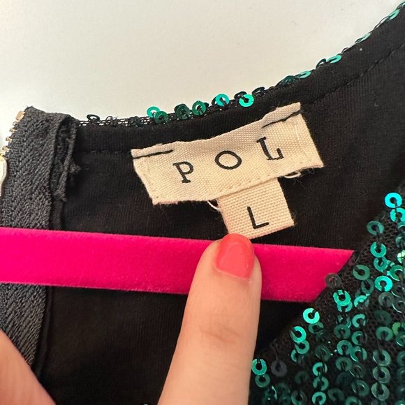 POL Blouse Womens Large Green Sparkle Sleeveless Baby Doll Sequin Shirt - Picture 3 of 11